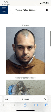 a screenshot of the toronto police service website showing a picture of a man and a security camera image