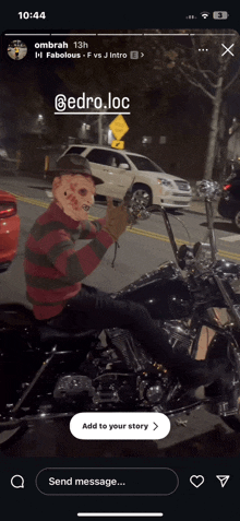 a person dressed as freddy krueger on a motorcycle