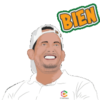 a drawing of a man wearing a hat and a shirt that says bien