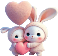 a couple of bunny rabbits holding a heart and a heart shaped balloon