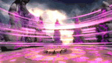 a video game scene with a circle of purple lights