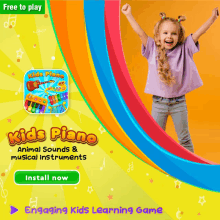 an advertisement for a kids piano game with a little girl on it