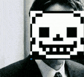 a man wearing a suit and tie has a pixelated skull on his face