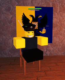 a roblox character sitting in front of a flag that says cooper dammsrich