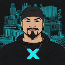 a man with a beard wearing a black hoodie with a blue letter x on it