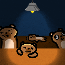 a cartoon of three teddy bears sitting around a table with one laying dead