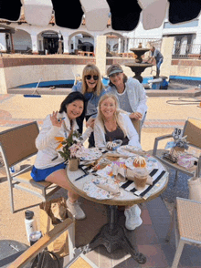 a group of women are sitting at a table with plates and cups on it