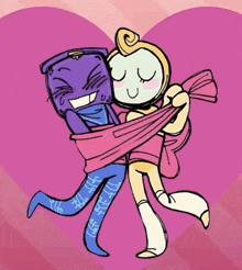 a couple of cartoon characters hugging each other with a pink heart in the background