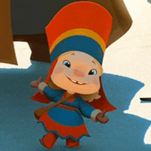 a cartoon character is wearing a red hat and a blue and red dress