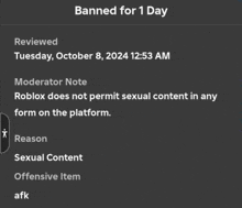 a screenshot of a website that says banned for 1 day