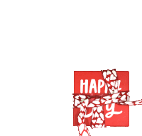 a red box with a white ribbon that says happy day