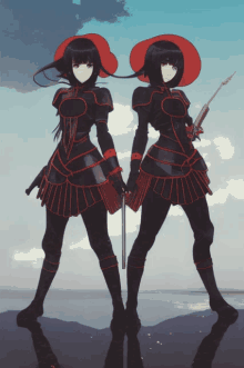 two anime girls standing next to each other holding swords