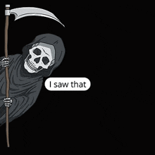 a grim reaper with a scythe is peeking out from behind a wall .