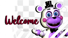 a purple and white teddy bear with the words welcome written on it