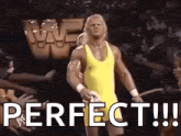 a wrestler in a yellow tank top is standing in front of a crowd and says `` perfect '' .