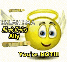 a yellow smiley face with wings and a halo on its head .