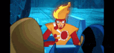 a cartoon character with a flame on his head is talking to another character