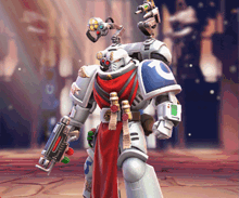 a robot with the letter c on it 's chest is holding a gun
