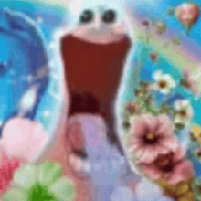 a painting of a spongebob squarepants character with his mouth open and flowers in the background