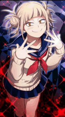 a girl with blonde hair is wearing a sailor suit and giving the peace sign