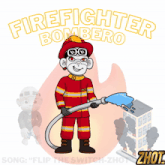 a cartoon of a firefighter holding a hose with the words firefighter bombero behind him
