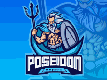 a logo for poseidon esport has a bearded man holding a trident and shield