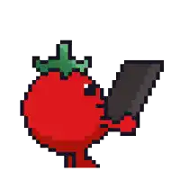 a pixel art of a tomato with a knife in it 's hand .