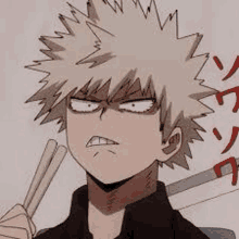 katsuki bakugo from my hero academia is holding chopsticks in his hand and making a funny face .