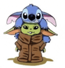 a baby yoda wearing a jacket and a hat with stitch on top of it .