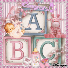 a congratulations card for a baby girl with pink blocks and a baby