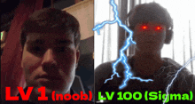 a picture of a man with red eyes and the words lv 1 ( noob ) and lv 100 ( sigma ) on the bottom