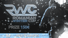 a poster for rwc romanian winter cup with a soldier in the snow