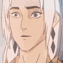 a close up of a cartoon character 's face with long white hair .