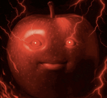 a red apple with a face carved into it surrounded by lightning
