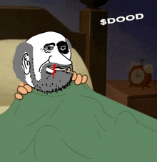 a cartoon drawing of a man laying in bed with a green blanket and the word dood above him