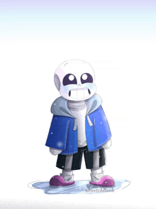 a drawing of a skeleton wearing a blue jacket and black shorts