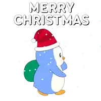 a penguin wearing a santa hat and carrying a bag of gifts says merry christmas .