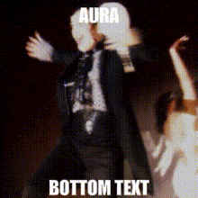 a man in a suit and tie is dancing with the words aura bottom text written below him