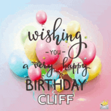 a birthday card with a bunch of balloons and the words wishing you a very happy birthday cliff .