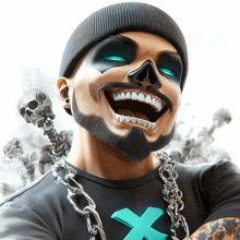 a man with a skull painted on his face is wearing a black shirt with a blue x on it