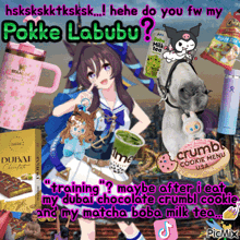 a picture of a girl with the words pokke labubu on it