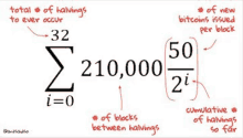 a whiteboard with a mathematical equation that shows the total of halvings to ever occur