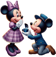 mickey mouse is proposing to minnie mouse with a box that says me