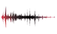 a red and black sound wave with a white background