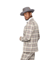 a man in a plaid suit and a hat