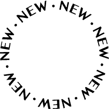 a black circle with the words new written in it