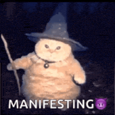 a cat is wearing a wizard hat and holding a wand and the word manifesting is above it
