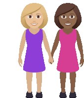 a cartoon of two women holding hands with one wearing a purple dress