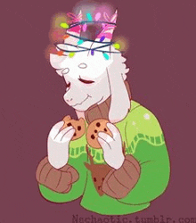 a goat wearing a green sweater and a party hat is eating cookies .