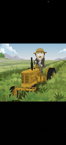 a cartoon character is driving a yellow tractor through a grassy field